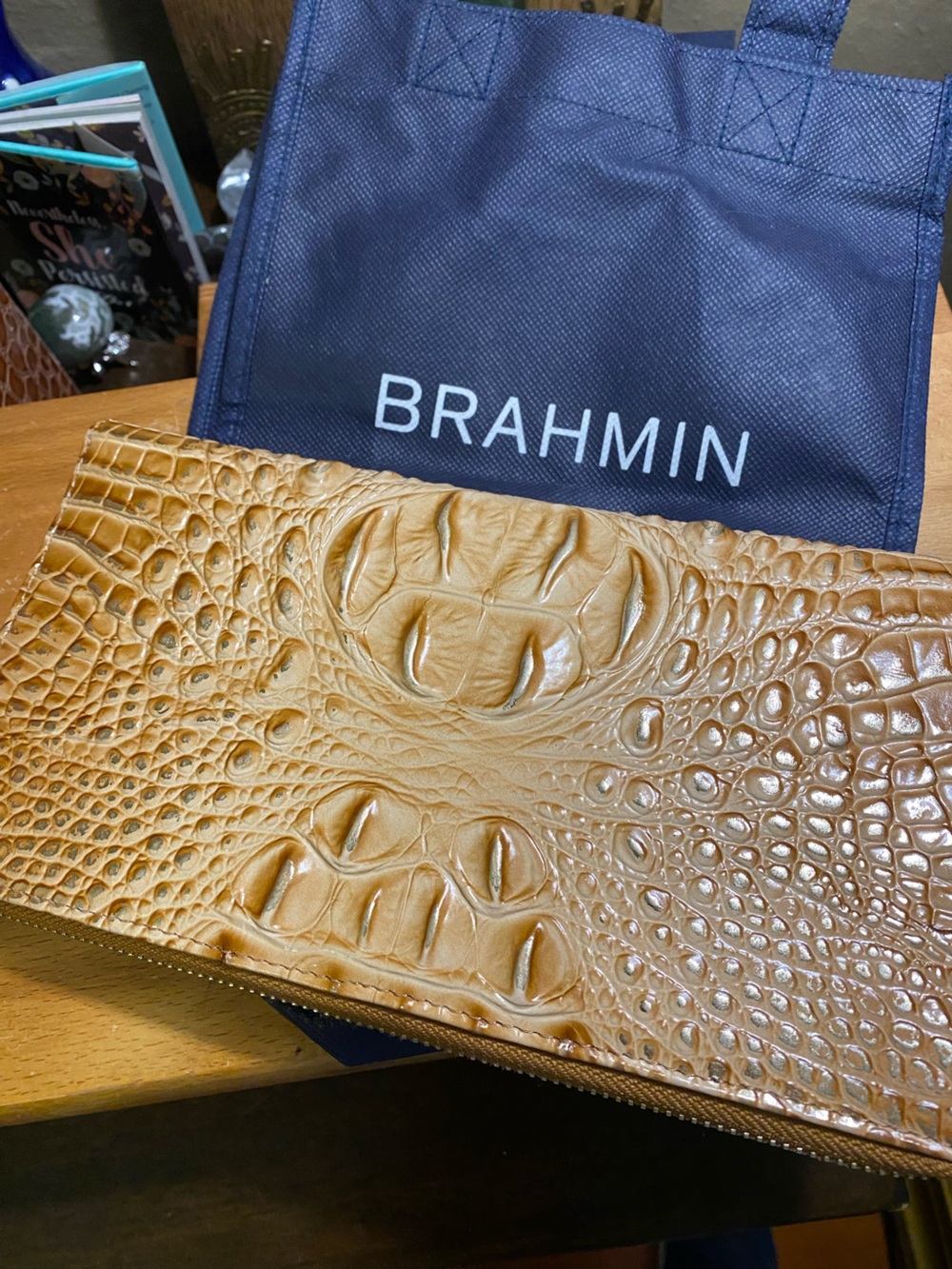 Brahmin Croc-Embossed Zip Clutch Wallet in Warm Honey Brown and Gold touches - Picture 5 of 6